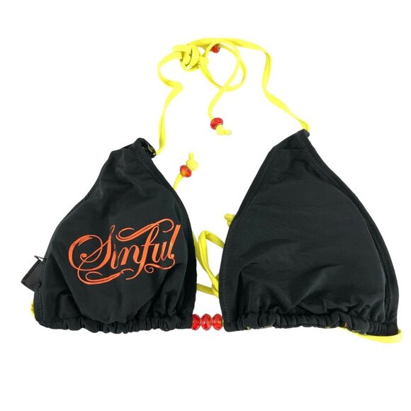 Sinful by Affliction Bikini Top Reversible Leopard Lace Overlay Black Yellow L - Picture 2 of 4